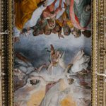 Baroque Art - From below dome ceiling covered with majestic colorful fresco paintings in Baroque style in Catholic cathedral